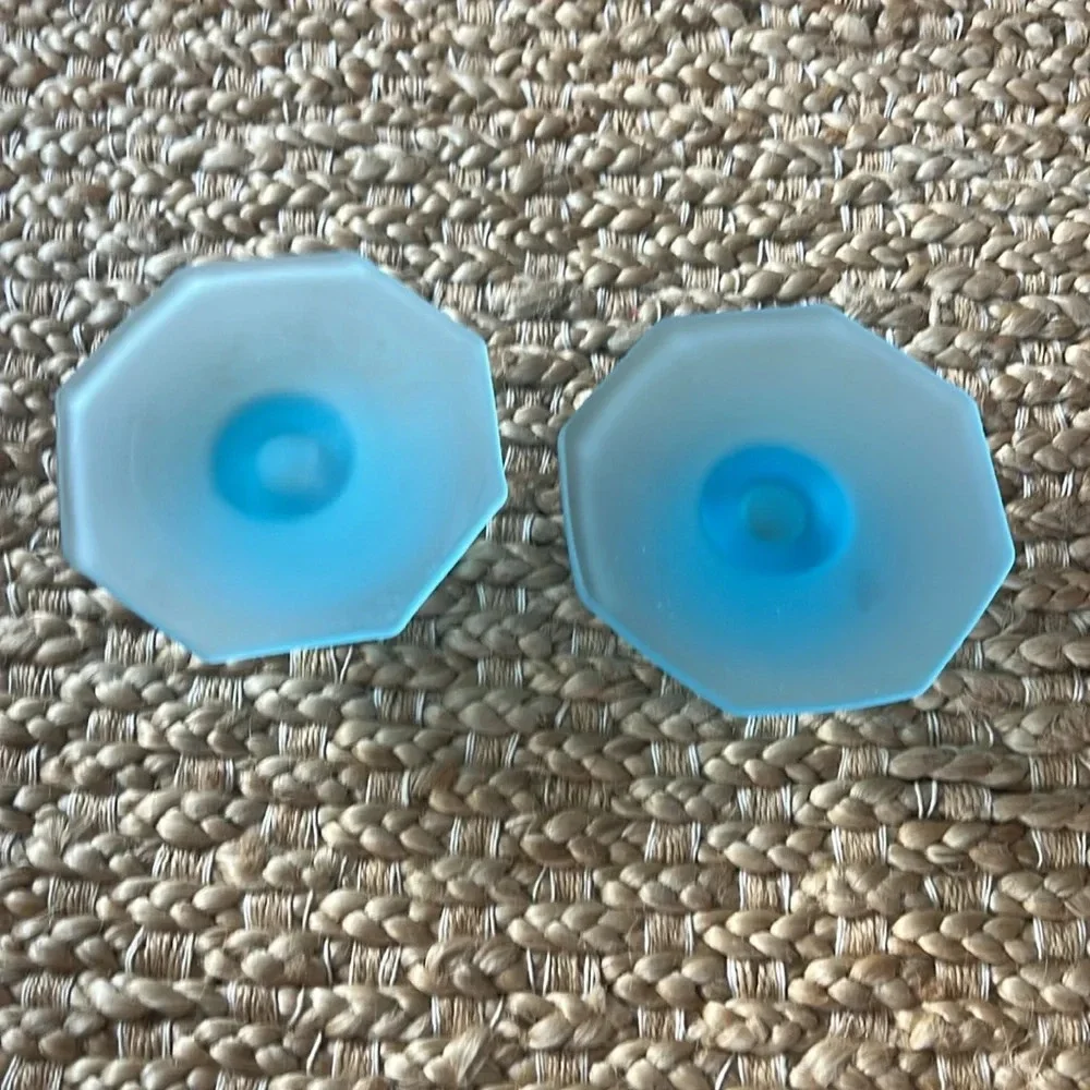 Set of 2 Octagonal Base Taper Candle Holders in Opaque Blue Glass. Beachy